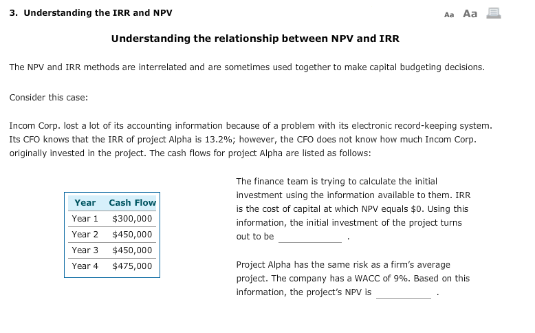 3. Understanding the IRR and NPV Aa Aa E Understanding the