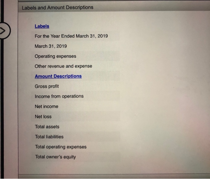 Instructions Final Question Income Statement Instructions On March 31, 2019, the balances