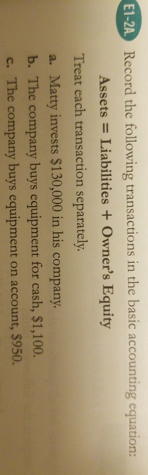  E1-2A Record the following transactions in the basic accounting equation: Assets