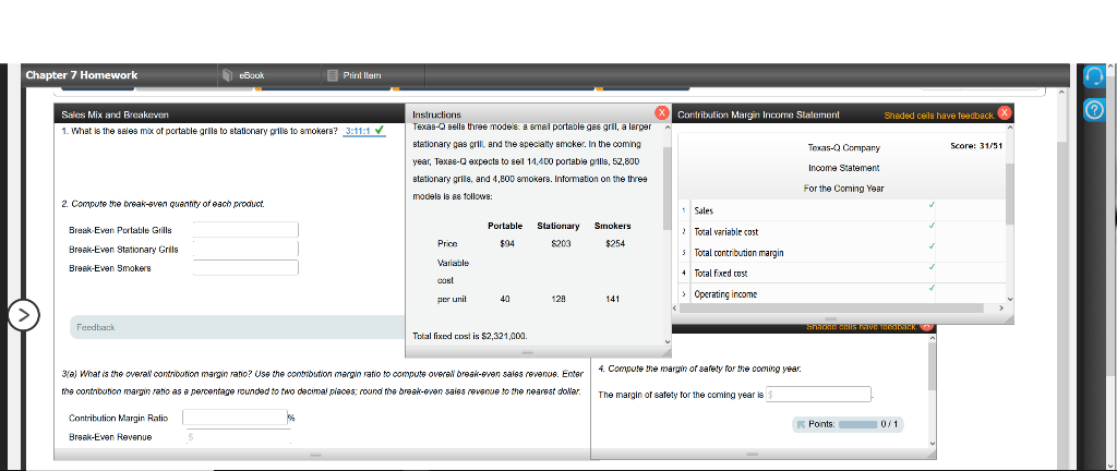  Chapter 7 Homework eBook Print Item Contribution Margin Income Statement Shaded