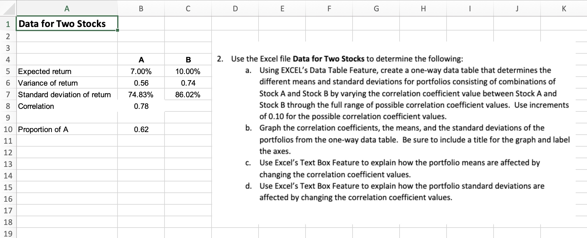  2. Use the Excel file Data for Two Stocks to determine