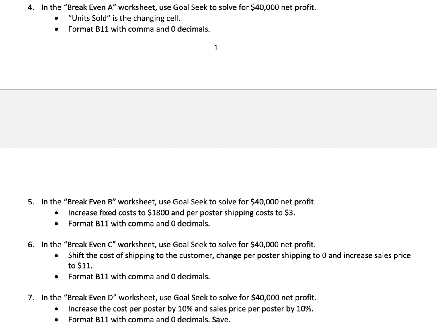 what to type in the goal seek part for each one and