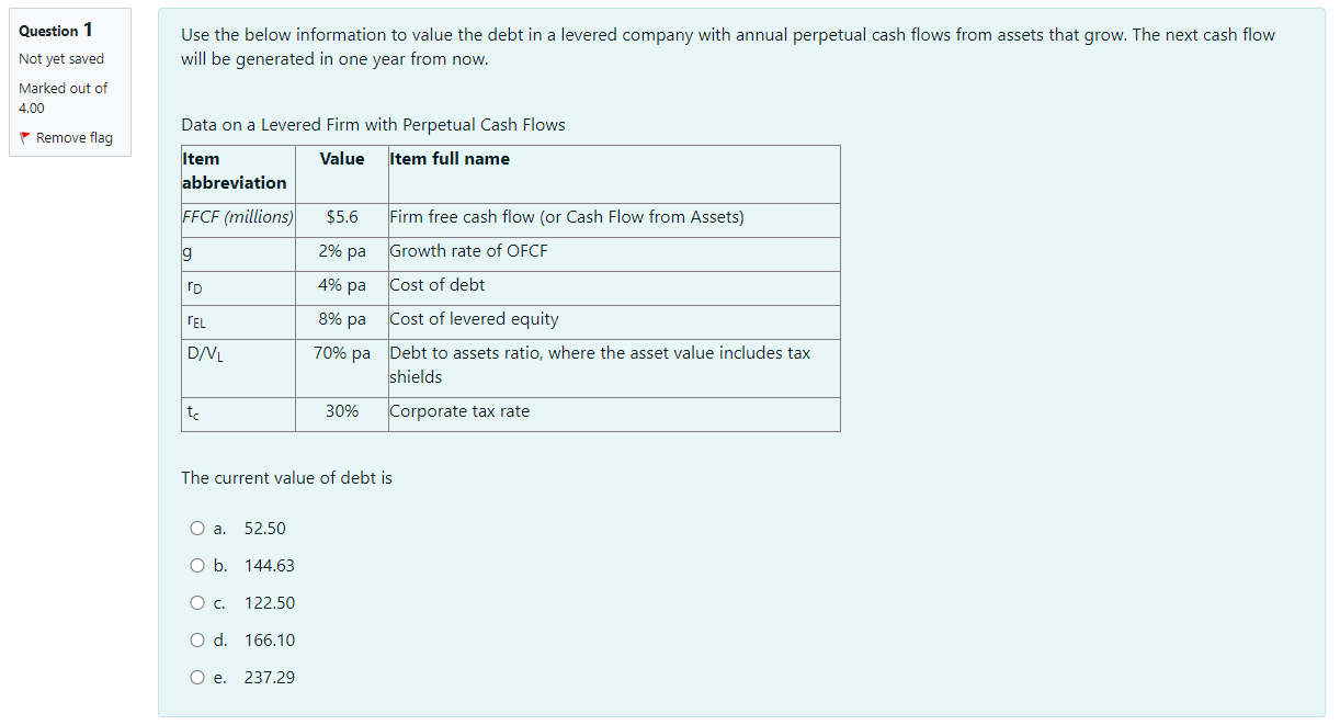  Question 1 Use the below information to value the debt in