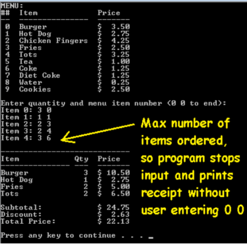 code to make it prints a menu of food items; allows the