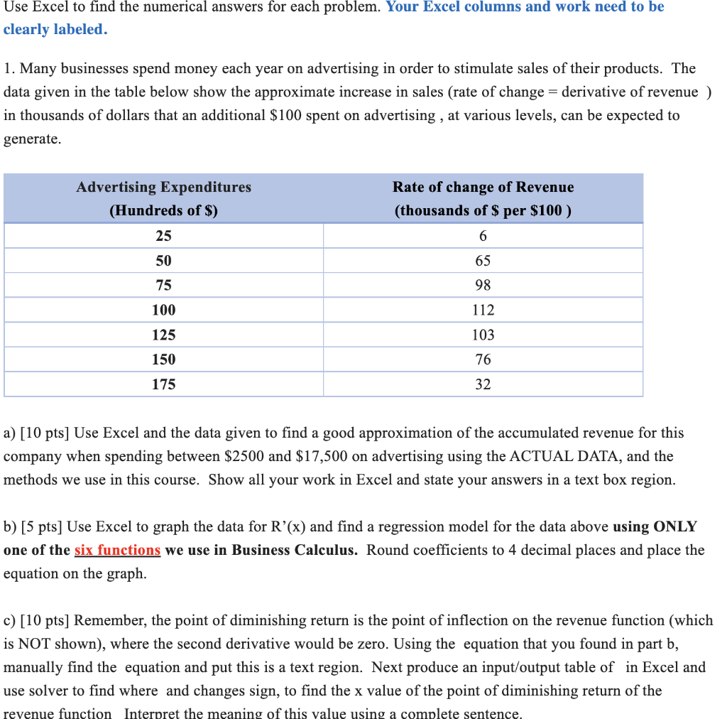 Use Excel to find the numerical answers for each problem. Your