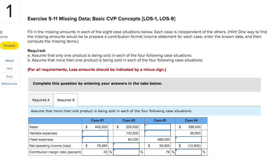  Exercise 5-11 Missing Data; Basic CVP Concepts [LO5-1, LO5-9] points Fill