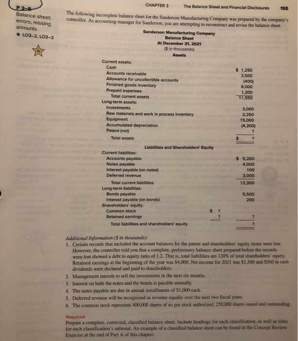  P3- Balance sheet: errors, missing amounts LO3-2, LO3-3 CHAPTER 3 The