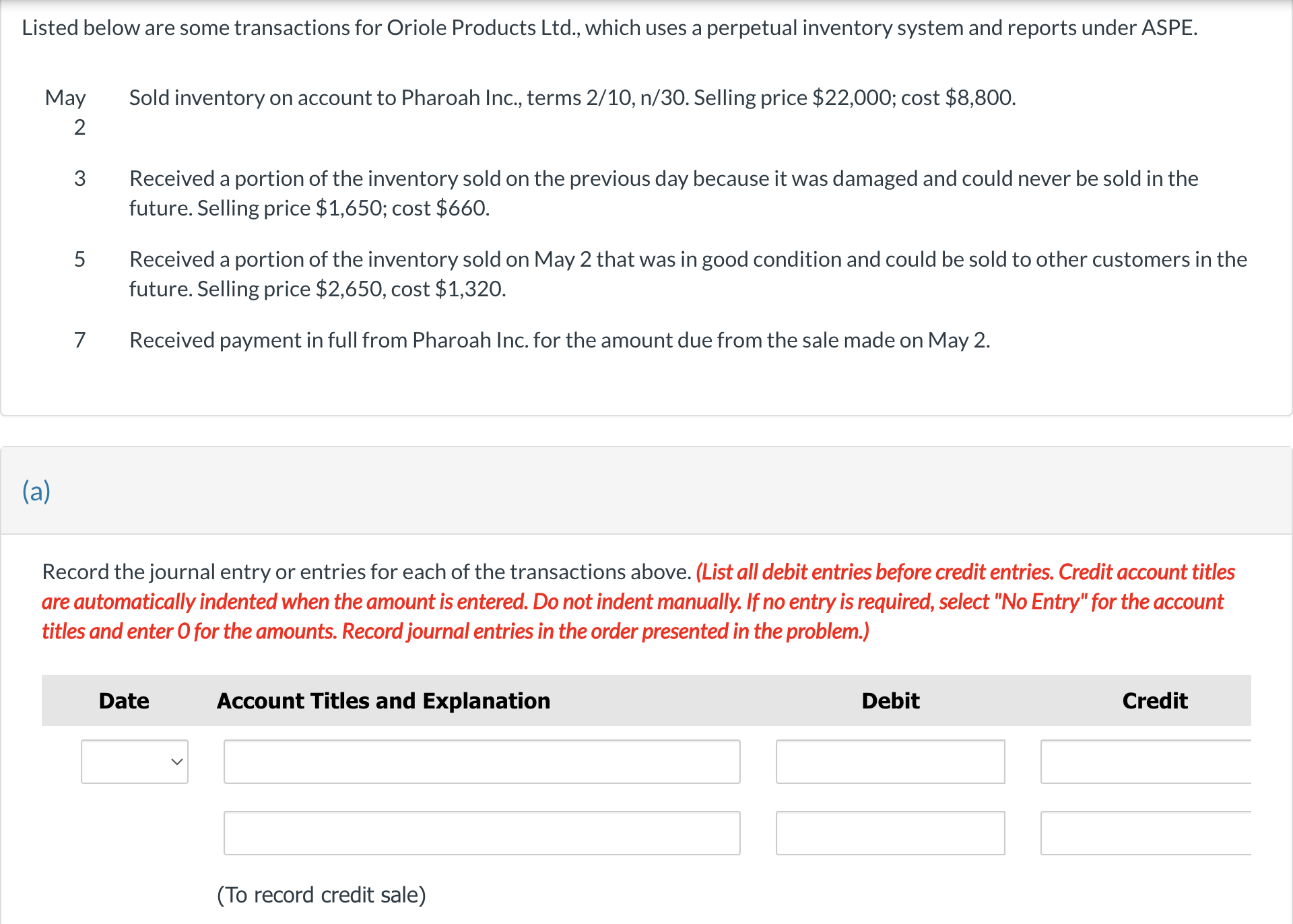 some transactions for Oriole Products Ltd., which uses a perpetual inventory system