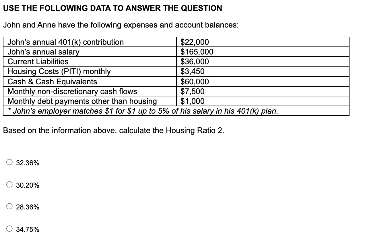 USE THE FOLLOWING DATA TO ANSWER THE QUESTION John and Anne