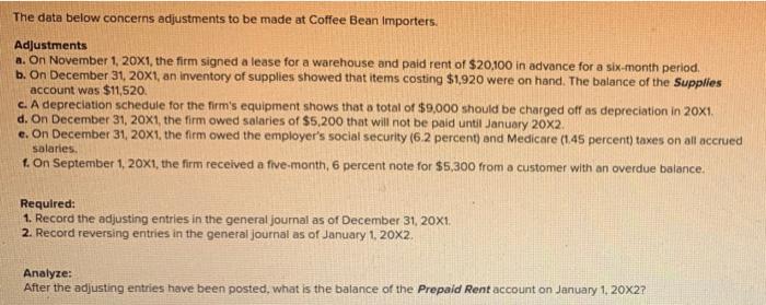  The data below concerns adjustments to be made at Coffee Bean