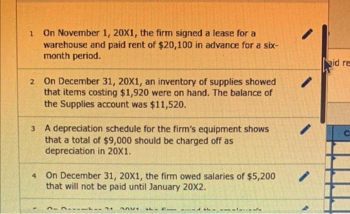 Importers. Adjustments a. On November 1, 20x1, the firm signed a lease