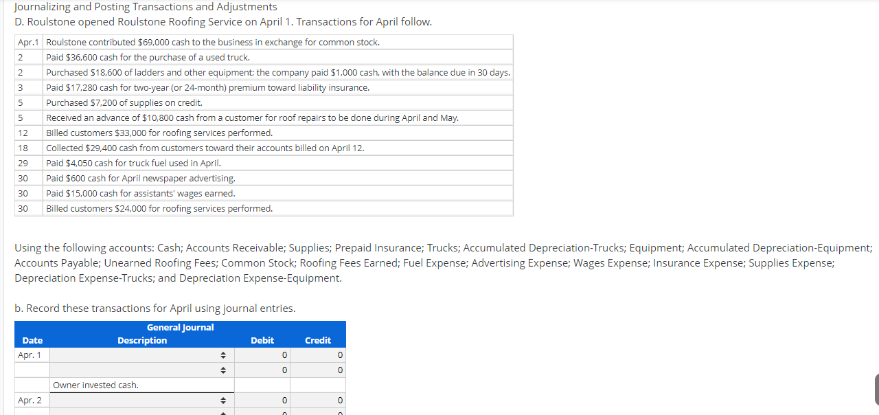 Journalizing and Posting Transactions and Adjustments D. Roulstone opened Roulstone Roofing Service