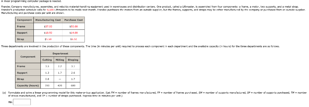 A linear programming computer package is needed. Frandec Company manufectures, assembles,