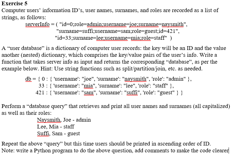  Exercise 5 Computer users' information ID's, user names, surnames, and roles