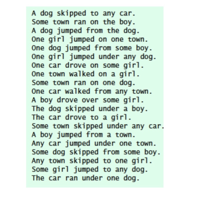 number generation to create sentences. The program should use four arrays of