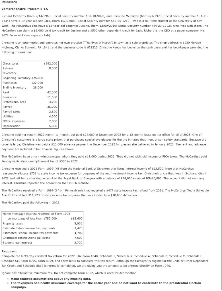 Instructions Comprehensive Problem 6-1A Richard McCarthy (born 2/14/1968; Social Security number