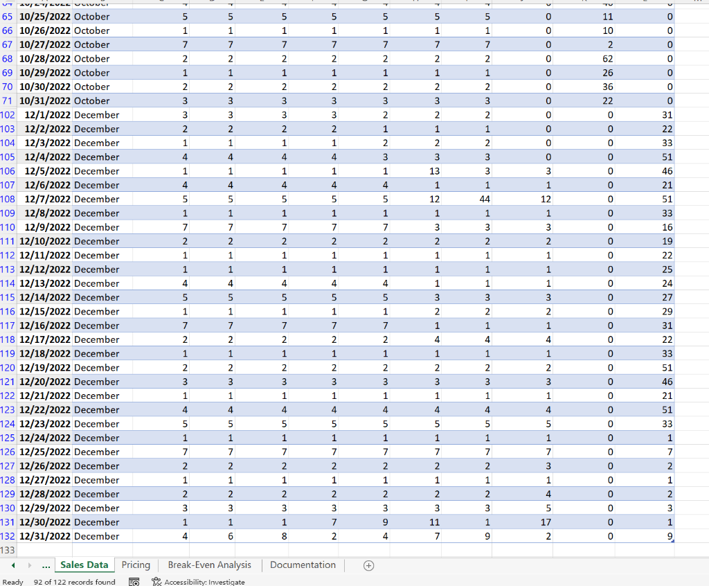 use the SUBTOTAL function to calculate the total number of Christmas costumes