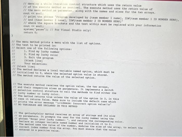 string[], const int, int[], const int); string getLuckyColor(string[], const int); int getLuckyNumber(int