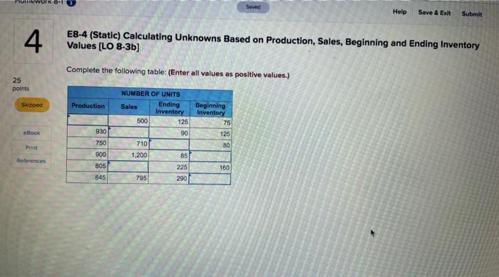  E8-4 (Static) Calculating unknowns based on production, sales, beginning and ending
