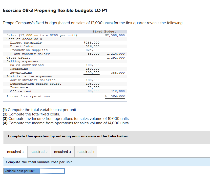 Exercise 08-3 Preparing flexible budgets LO P1 Tempo Company's fixed budget