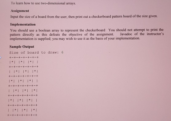 Java Details for checkerboard class: public CheckerBoard(int size){} public boolean squareAt(int row,