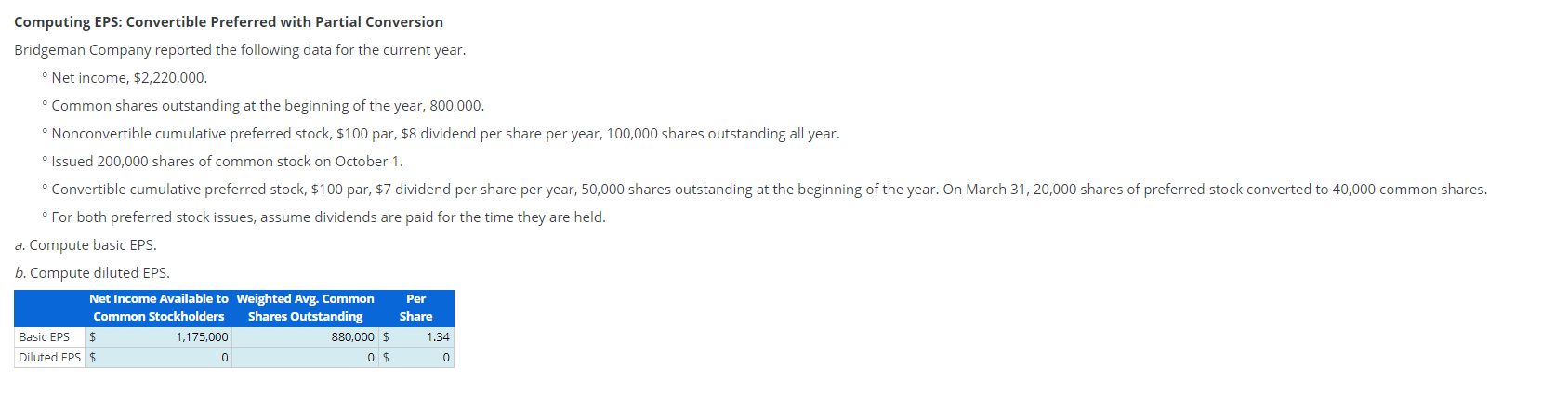 Computing EPS: Convertible Preferred with Partial Conversion Bridgeman Company reported the