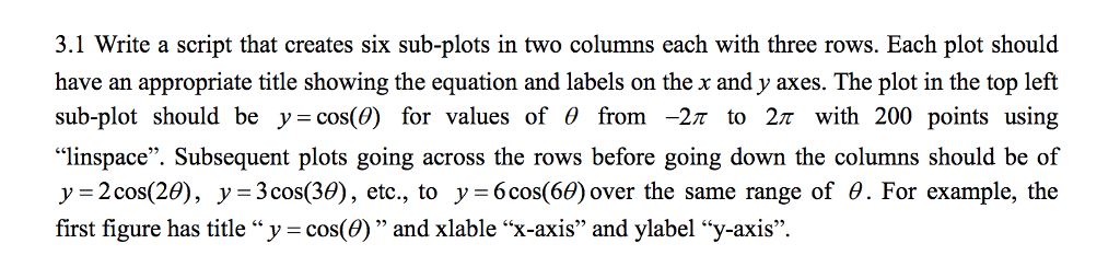 Please help. using MatLab 3.1 Write a script that creates six sub-plots