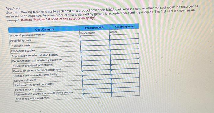  Required Use the following table to classify each cost as a