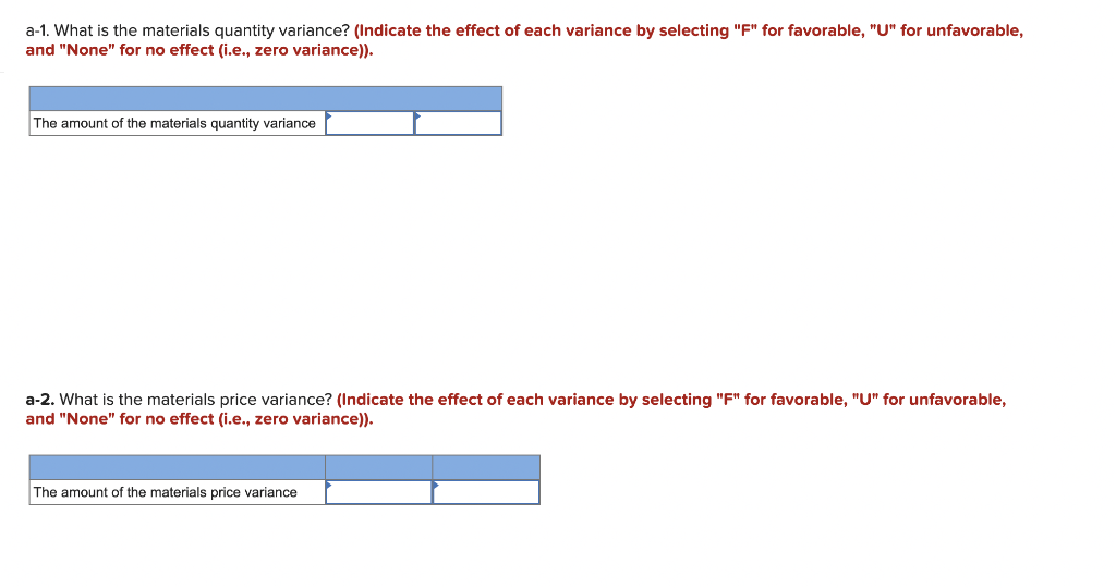each variance by selecting "F" for favorable, "U" for unfavorable, and "None"
