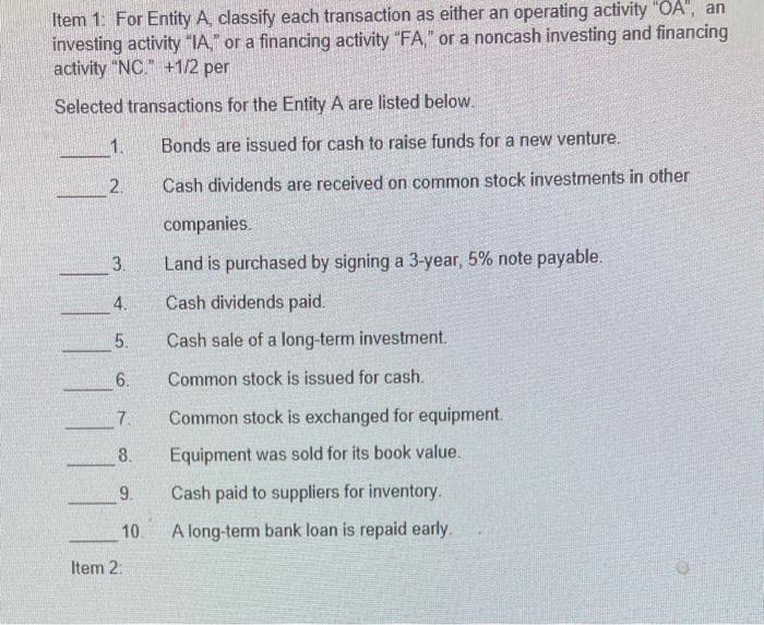  Item 1: For Entity A, classify each transaction as either an