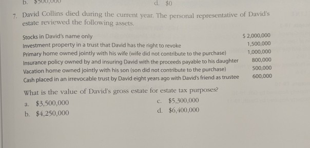 b. d. $0 7 David Collins died during the current year.