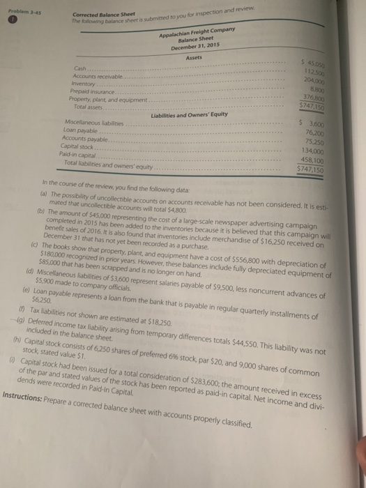 please type it Problem 3-45 Corrected Balance Sheet Appalachlan Freight Company Balance