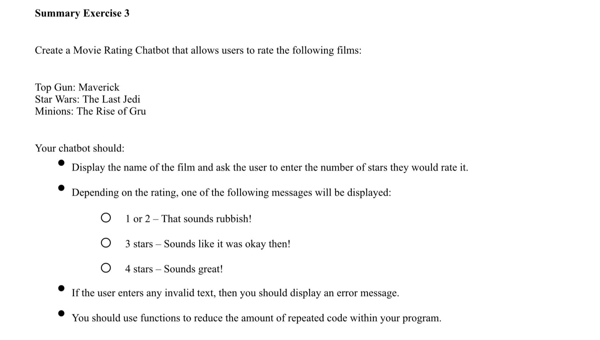  Summary Exercise 3 Create the code in c++. Use switch, case,
