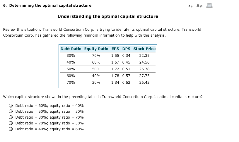  Aa Aa E. 6. Determining the optimal capital structure Understanding the