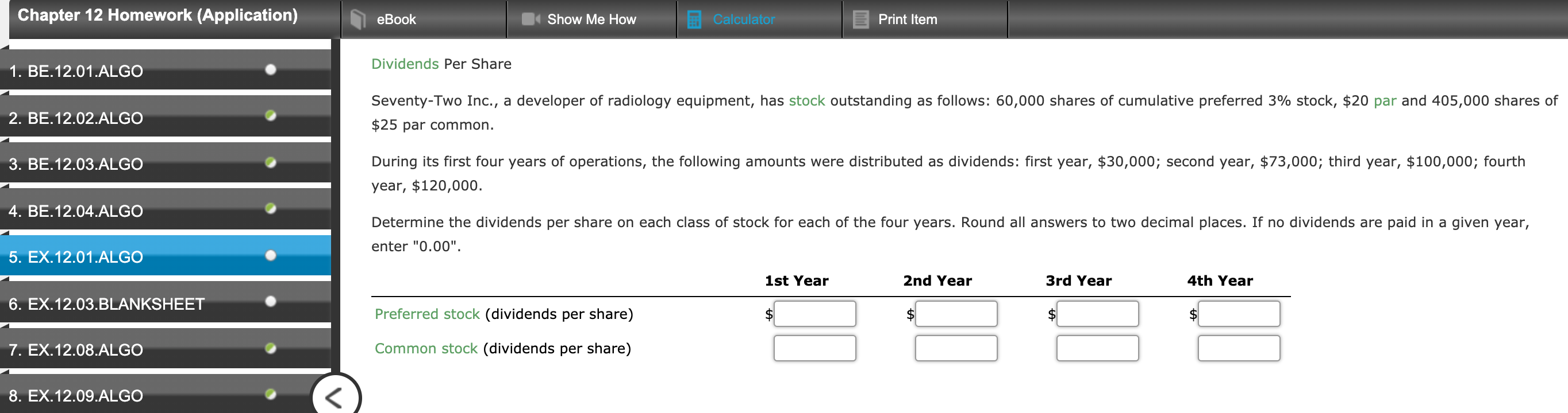 Chapter 12 Homework (Application) eBook Show Me How Calculator Print Item