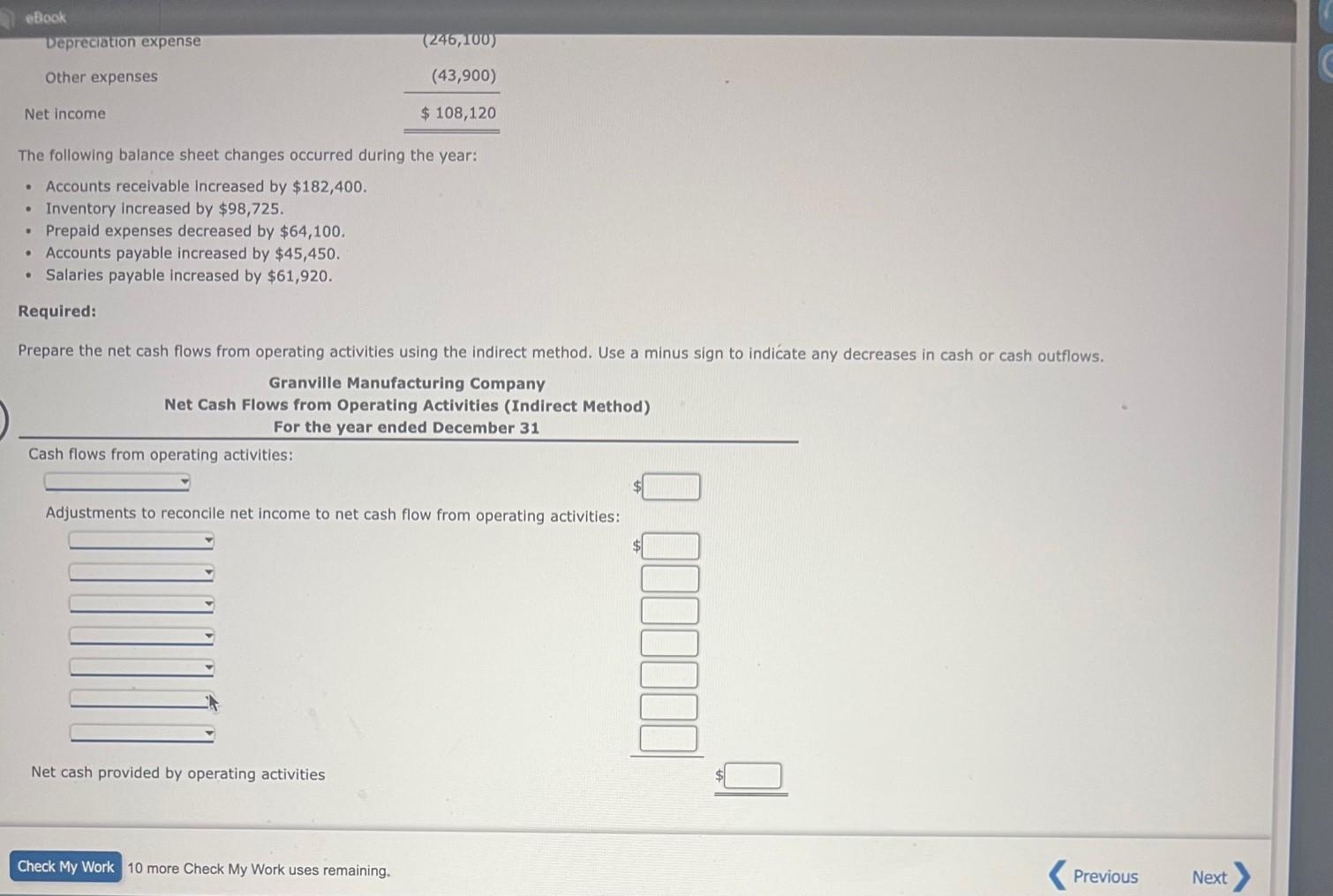 Granville Manufacturing Company is presented below. The following balance sheet changes occurred