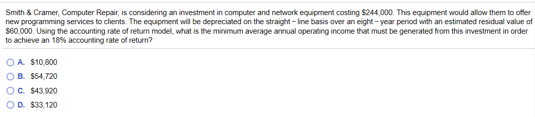 b. c. Smith & Cramer, Computer Repair, is considering an investment
