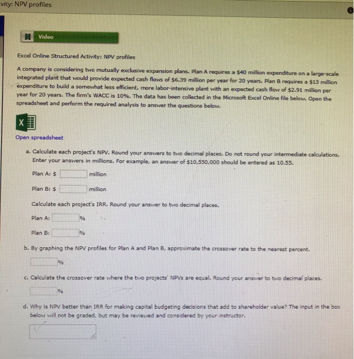  wity: NPV profiles Video Excel Online Structured Activity: NPV profiles A