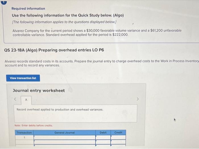  Required information Use the following information for the Quick Study below.