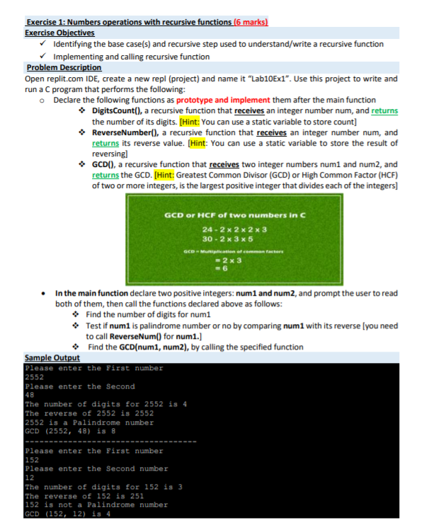  c programming language. Exercise 1: Numbers operations with recursive functions (6