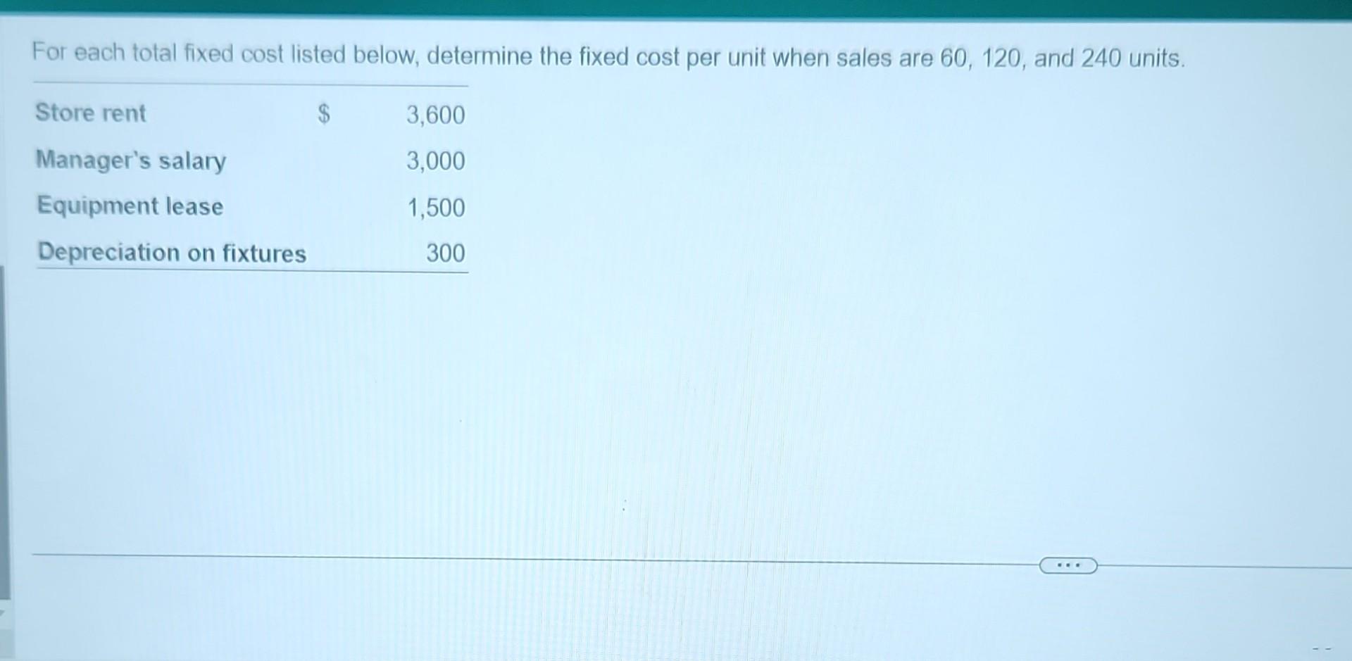  For each total fixed cost listed below, determine the fixed cost