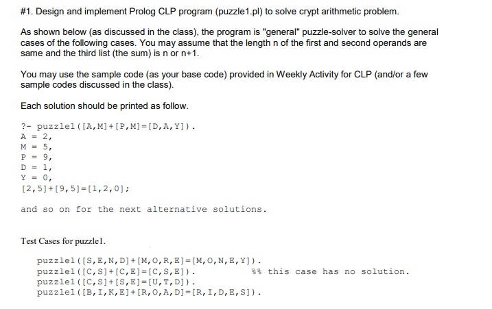  #1 Design and implement Prolog CLP program (puzzle 1p) to solve
