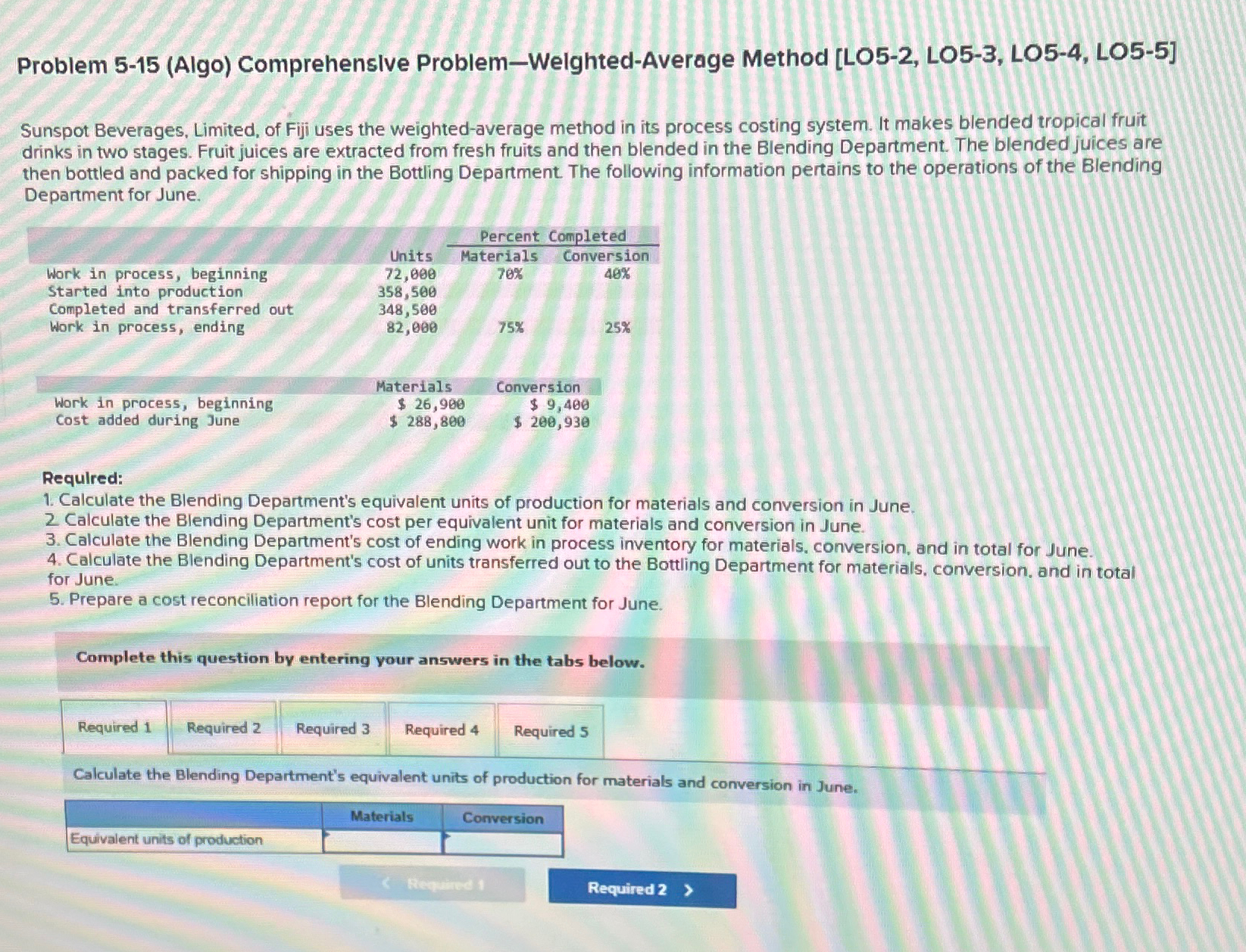  Problem 5-15(Algo) Comprehenslve Problem-Welghted-Average Method [LO5-2, LO5-3, LO5-4, LO5-5] Sunspot Beverages,