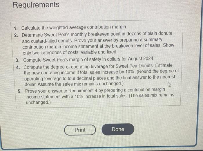 help out Requirements 1. Calculate the weighted-average contribution margin. 2. Determine Sweet
