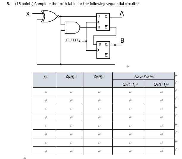  5. (16 points) Complete the truth table for the following sequential