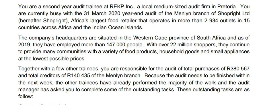  You are a second year audit trainee at REKP Inc., a