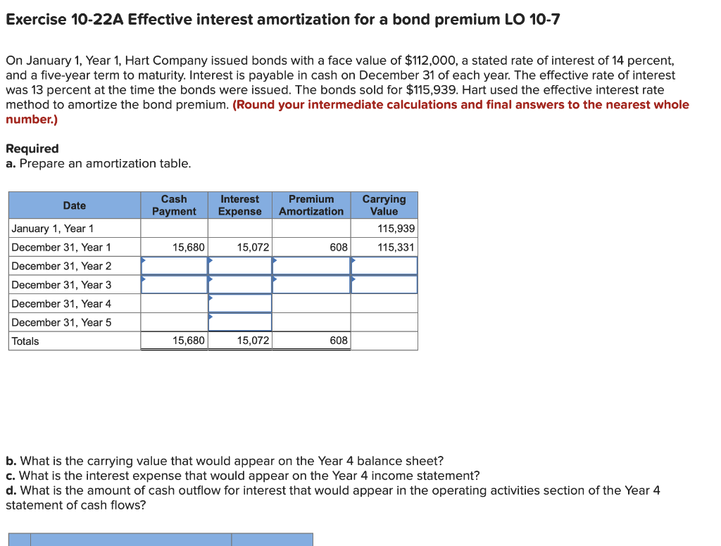 Exercise 10-22A Effective interest amortization for a bond premium LO 10-7