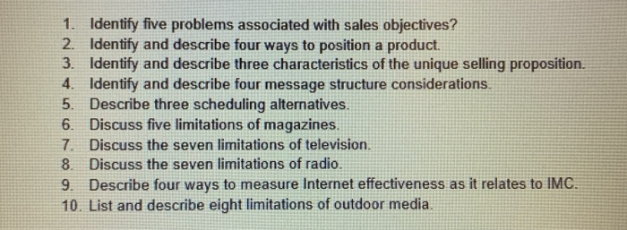 150-300 1. Identify five problems associated with sales objectives? 2. Identify and
