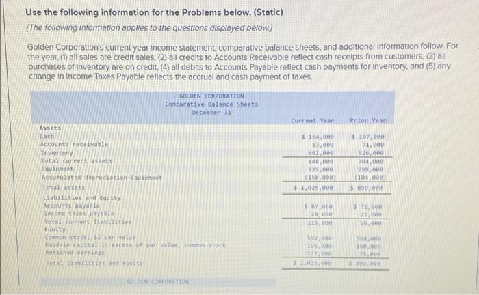  Use the following information for the Problems below. (Static) [The following