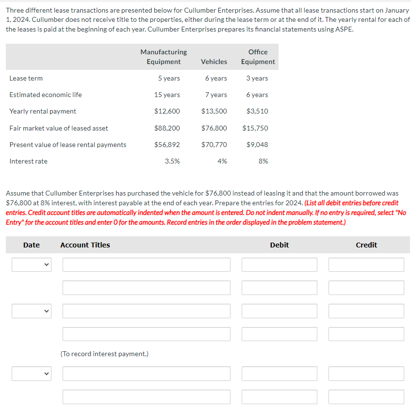  Three different lease transactions are presented below for Cullumber Enterprises. Assume